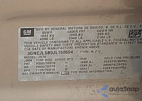 2018 Chevrolet Trax Lt z USA, uszkodzony, nr VIN 3GNCJLSB9JL150694